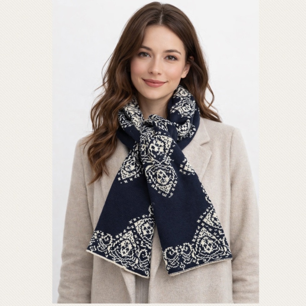 Vintage Knit Scarf Fair Isle Pattern Ornate Print Winter Design Navy Cream Beige - Picture 1 of 13